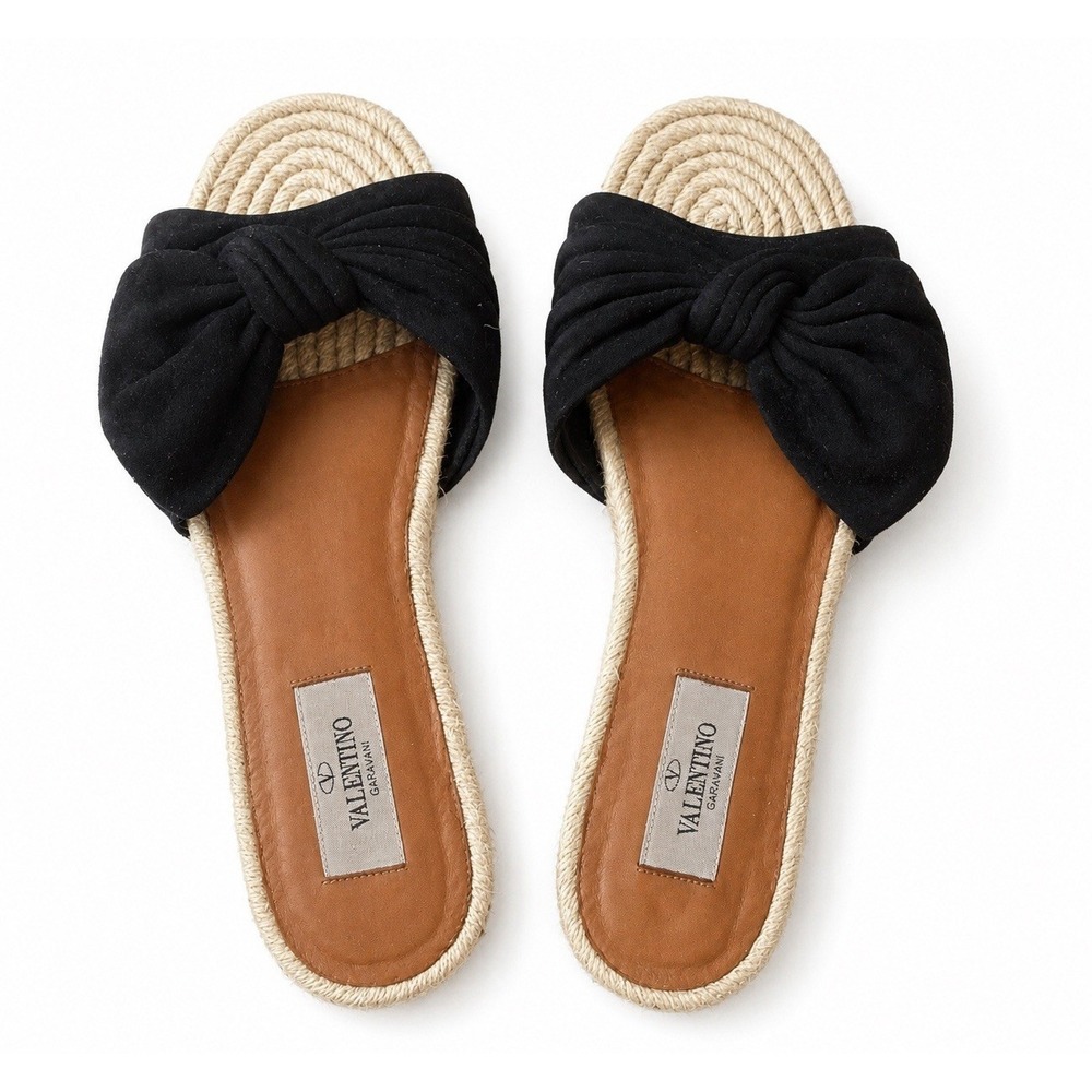 Valentino Garavani Slide Sandals 39 8.5 Black Bow Espadrille Flat Coastal Chic